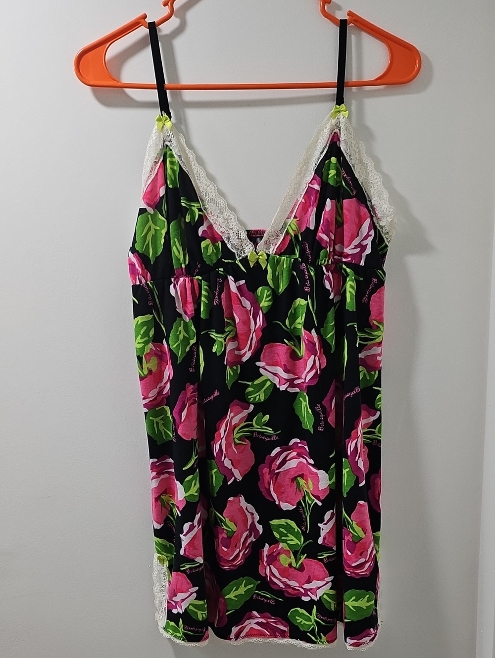 Y2k Betseyville XLFloral Lace-Trim Chemise - Black with Pink Green Floral NWOT